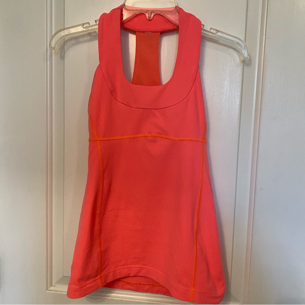 LULULEMON ATHLETICA TOP TANK T BACK CORAL ORANGE PINK NEON SIZE 4 Active